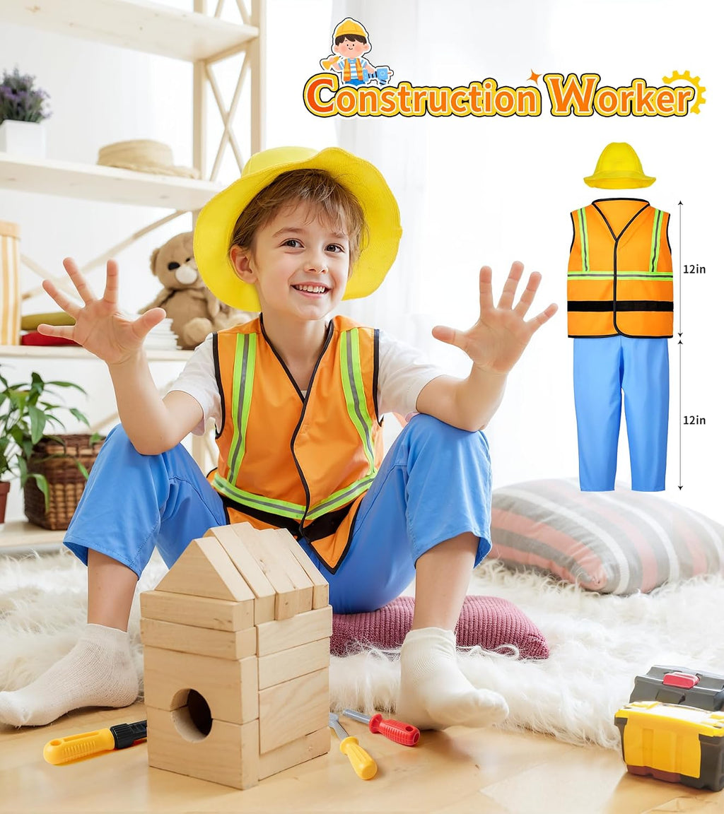 Boy's Dress Up Costumes Set, Kids Role Play Set 11pcs Dress Up Trunk | Pirate, Chef, Construction Worker, Policeman