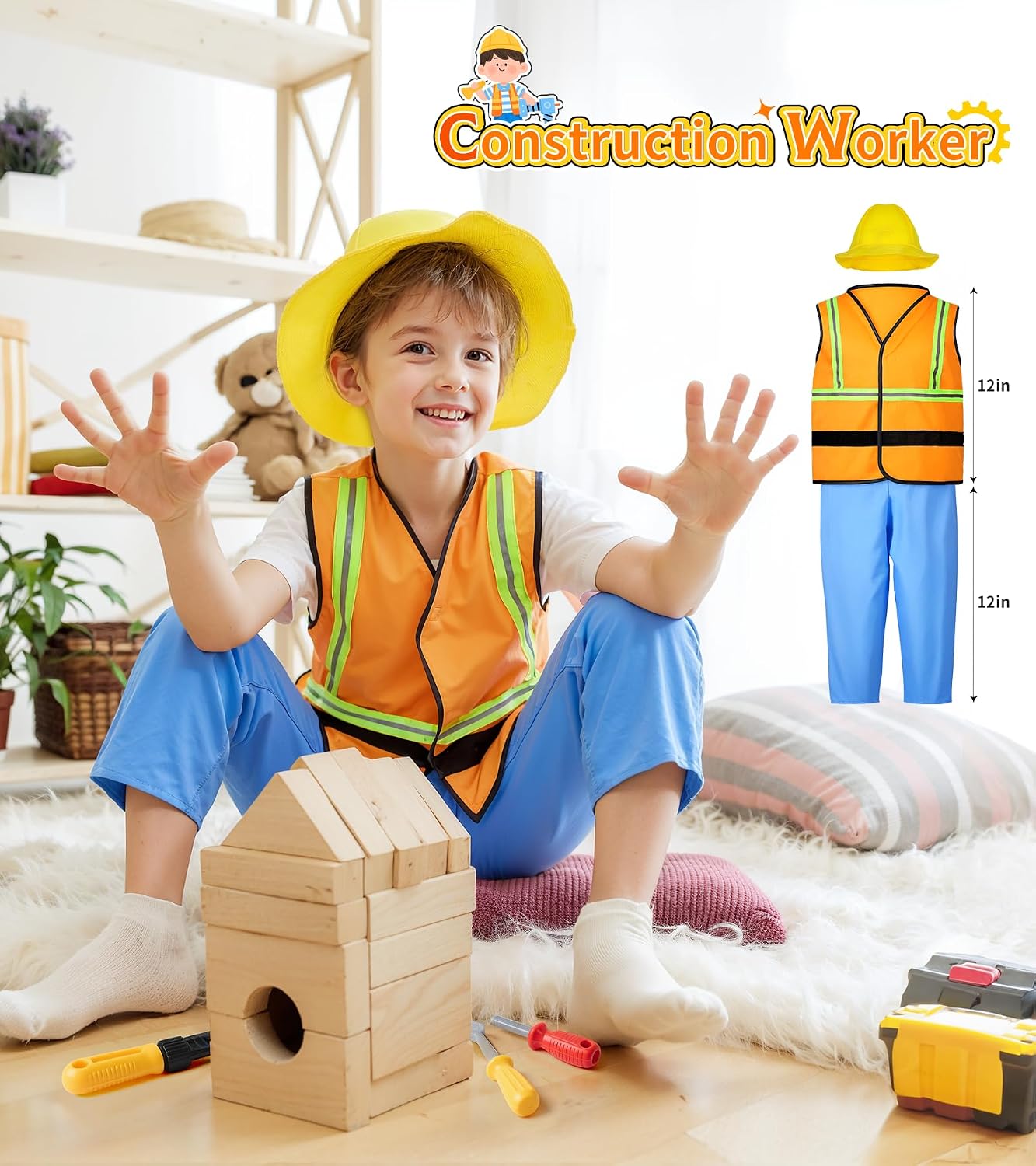 Boy's Dress Up Costumes Set, Kids Role Play Set 11pcs Dress Up Trunk | Pirate, Chef, Construction Worker, Policeman