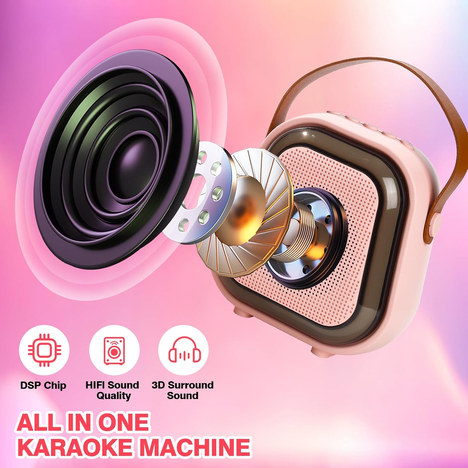 Mini Karaoke Machine for Kids, Karaoke Speaker with LED Lights, Portable Bluetooth Entertainment System with 2