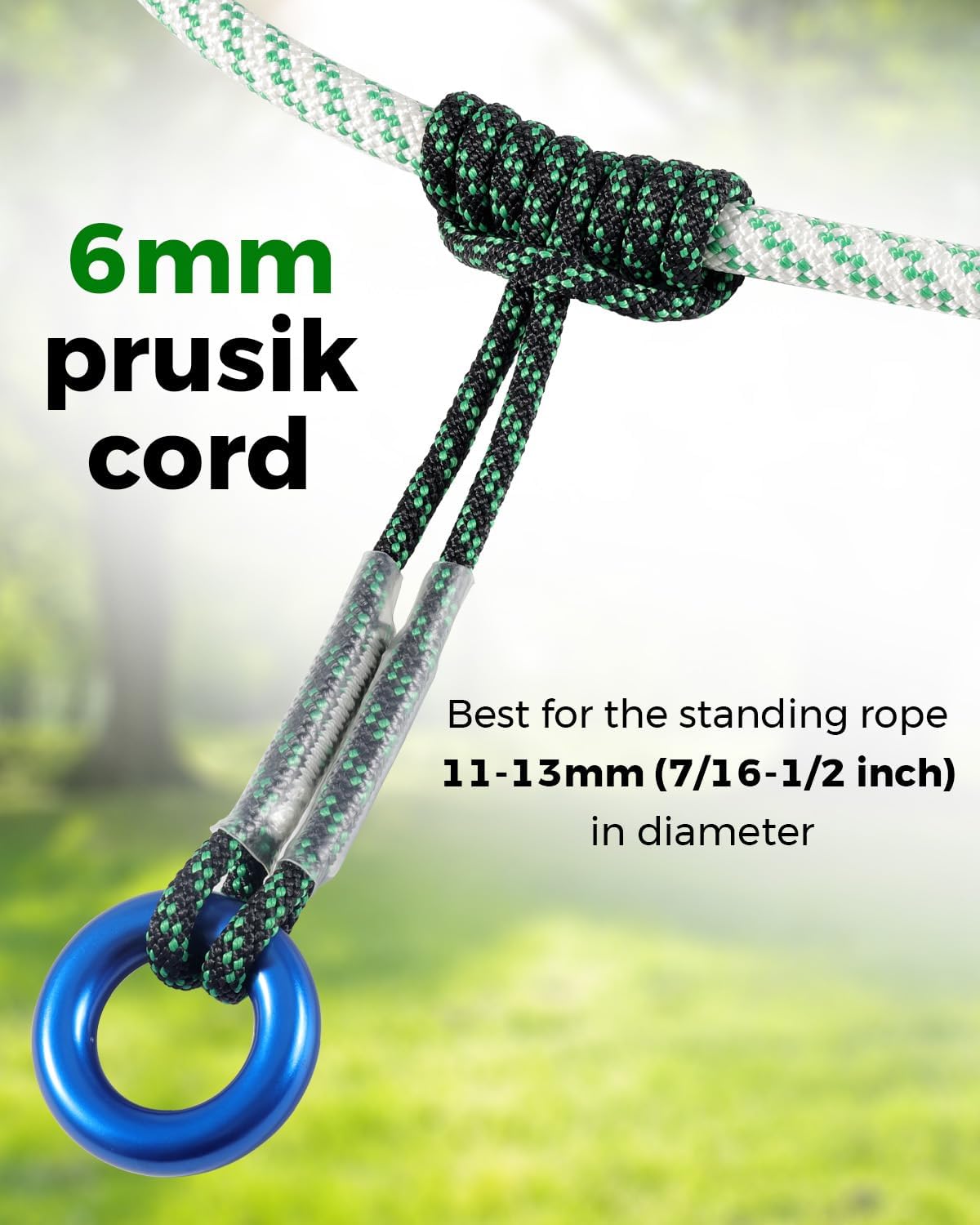 6mm (1/4") Pre-Sewn Prusik Loop Cord with Ring, 20 Inch Tree Climbing Rope | Polyester Anchor Cord, Tree Climbing