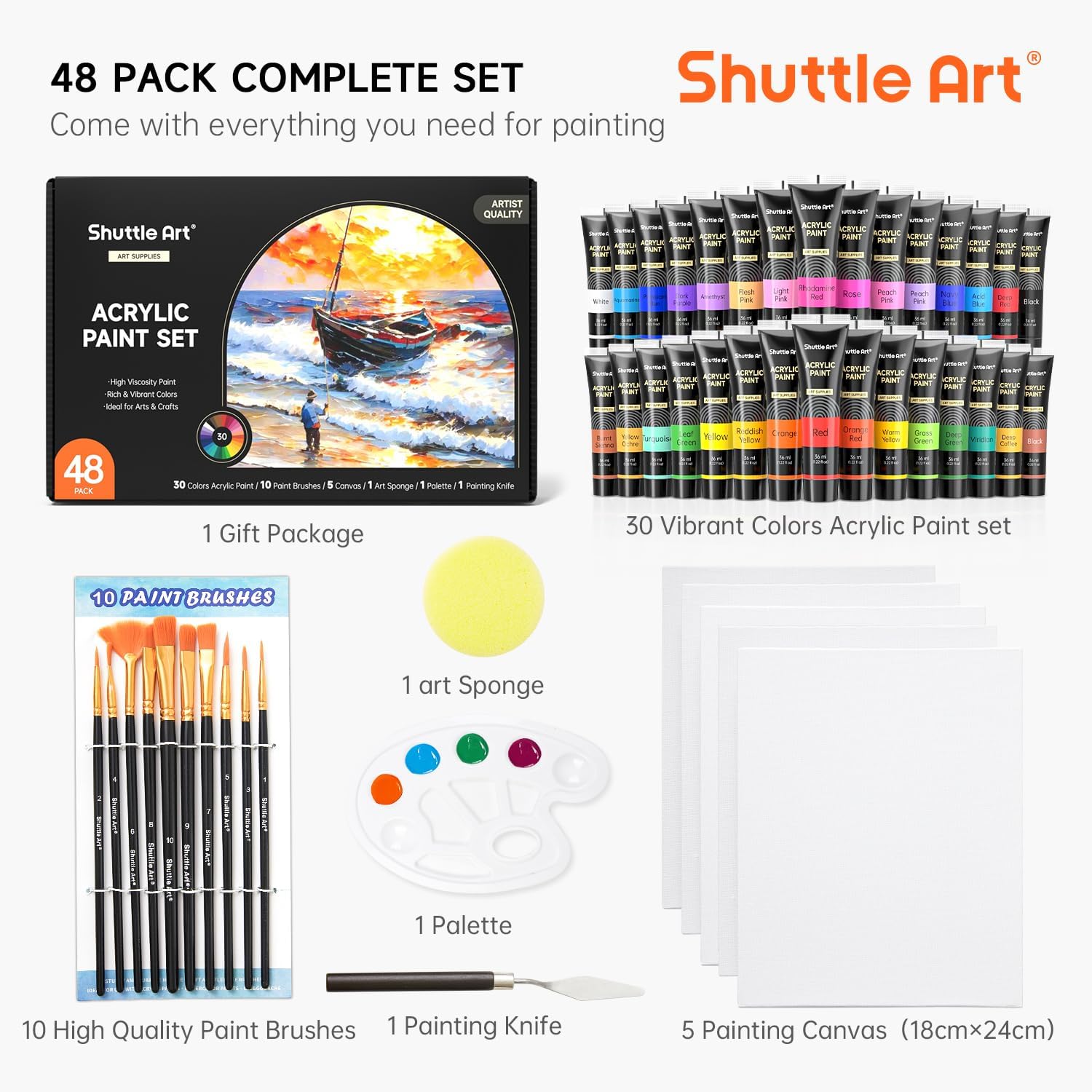 48 Pack Acrylic Paint Set, 30 Colors Acrylic Paint (36ml) with 10 Brushes 5 Canvas 1 Paint Knife 1 Palette 1 Art
