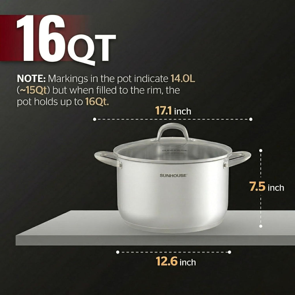 : Stainless Steel Stock Pot - 16 Quart - Tempered Glass Lid, 3-Ply Bottom, Soup-Pasta-Food, Boil-Simmer, All