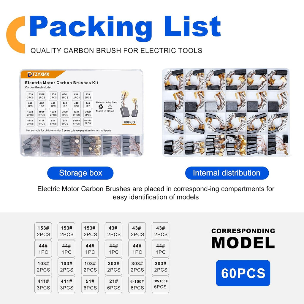 60 Pcs Electric Motor Carbon Brushes Set by Size, 10 Models Power Tool Replacement Parts for Drills, Saws, Grinders, Motors