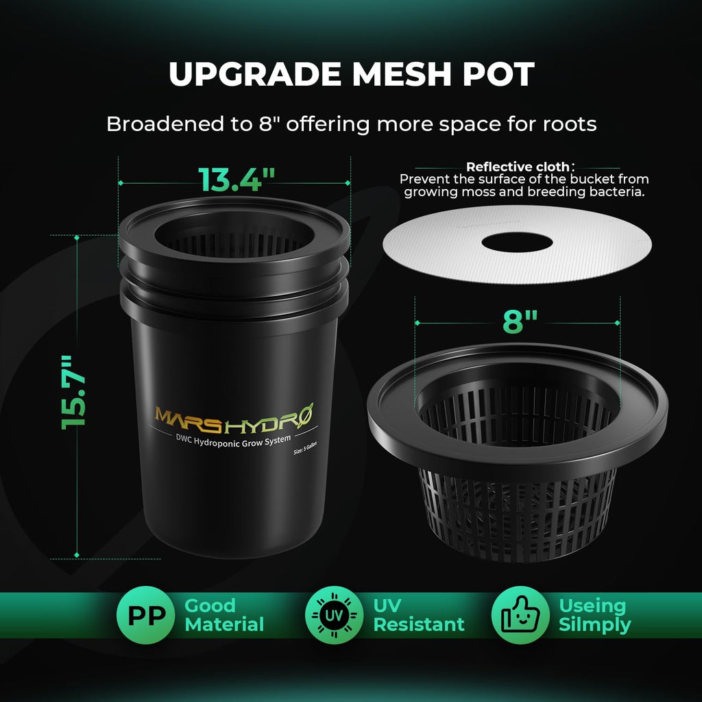 DWC Hydroponics Grow System 5 Gallon Deep Water Culture with 8W Air Pump, Multi-Purpose Air Hose, Air Stone, 2