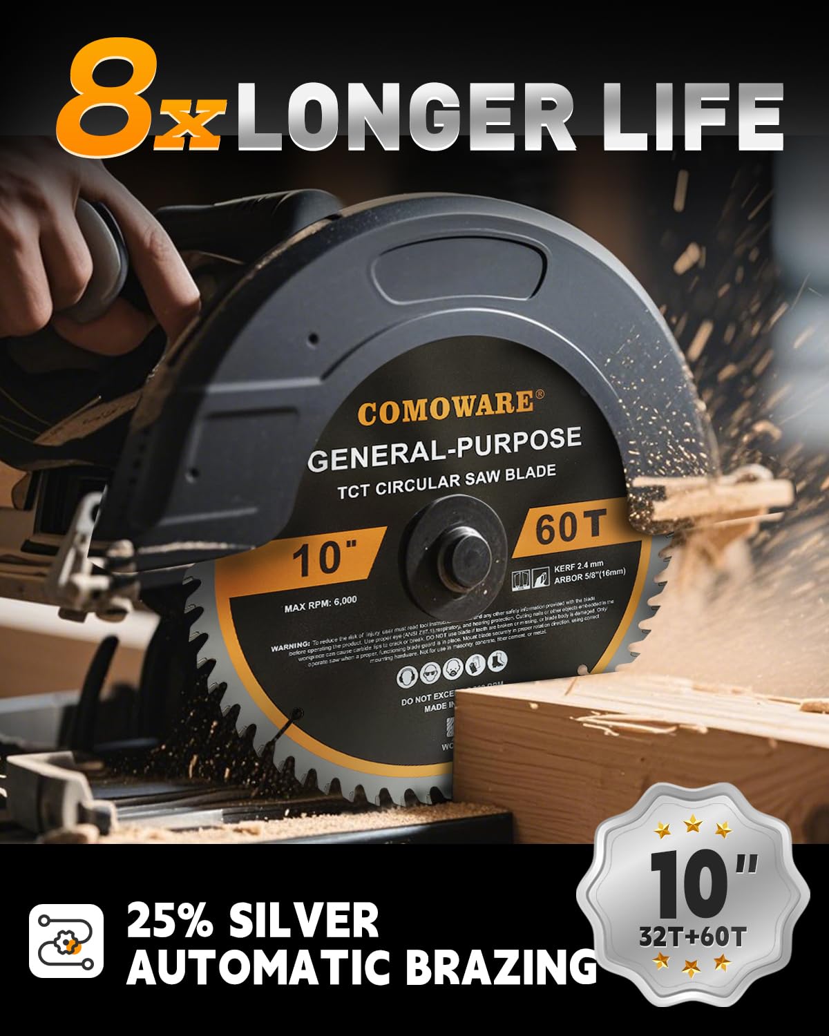 10 inch Miter Saws Blade, 32T & 60T ATB Circular Saw Blade, 5/8" Arbor, TCT Carbide-Tipped, Anti-Vibration, Teflon