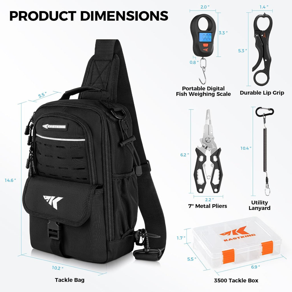 Everyday Essential Sling Tackle Bag & Tool Set, Fishing Scale & 3500-Tackle Box Waterproof, 7" Pliers, Lip Gripper