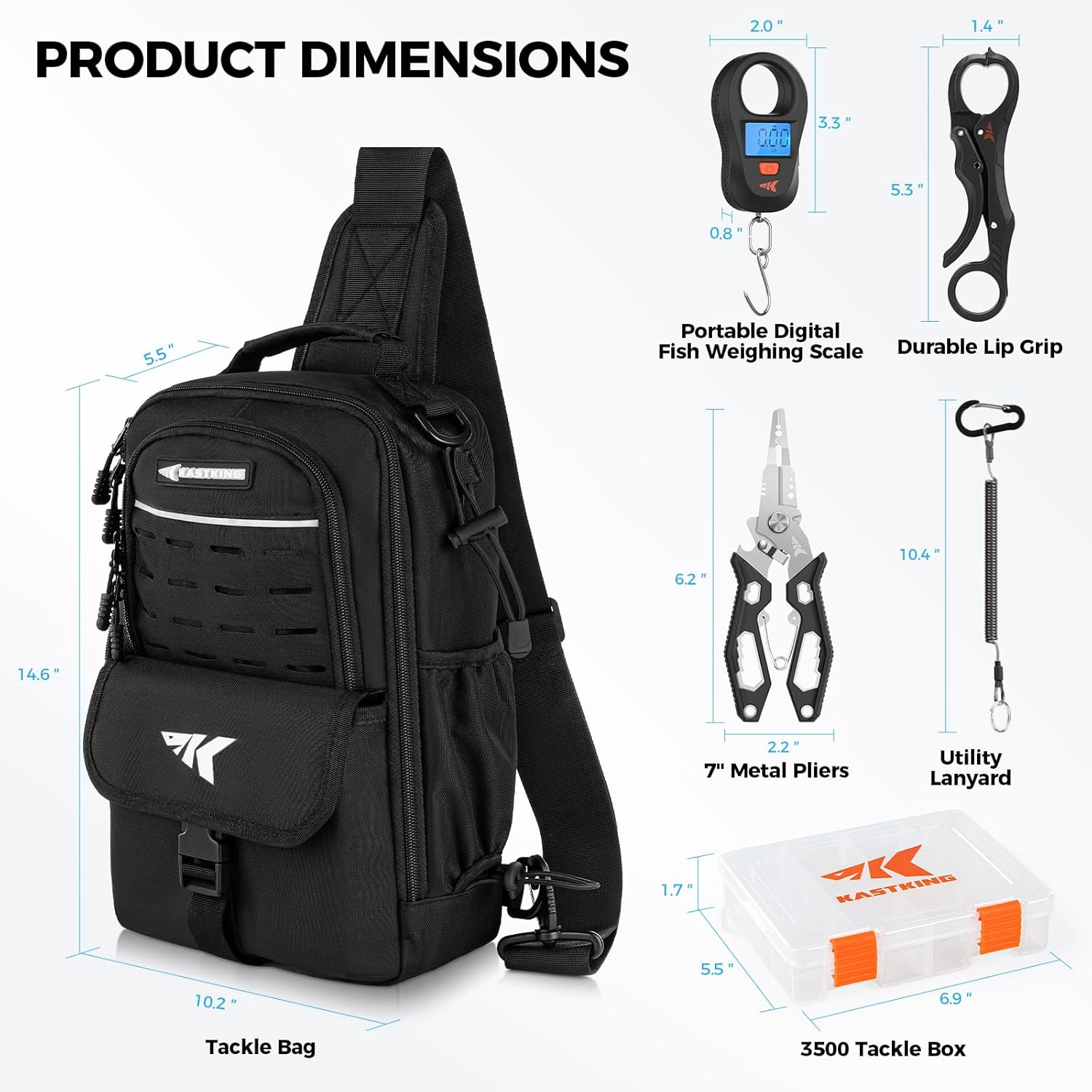 Everyday Essential Sling Tackle Bag & Tool Set, Fishing Scale & 3500-Tackle Box Waterproof, 7" Pliers, Lip Gripper