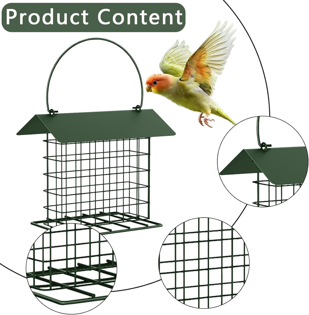 Suet Ball Bird Feeder Outdoor Hanging Metal Wire Wild Bird Feeder Fat Ball Food Feeder with Metal Roof and Platform