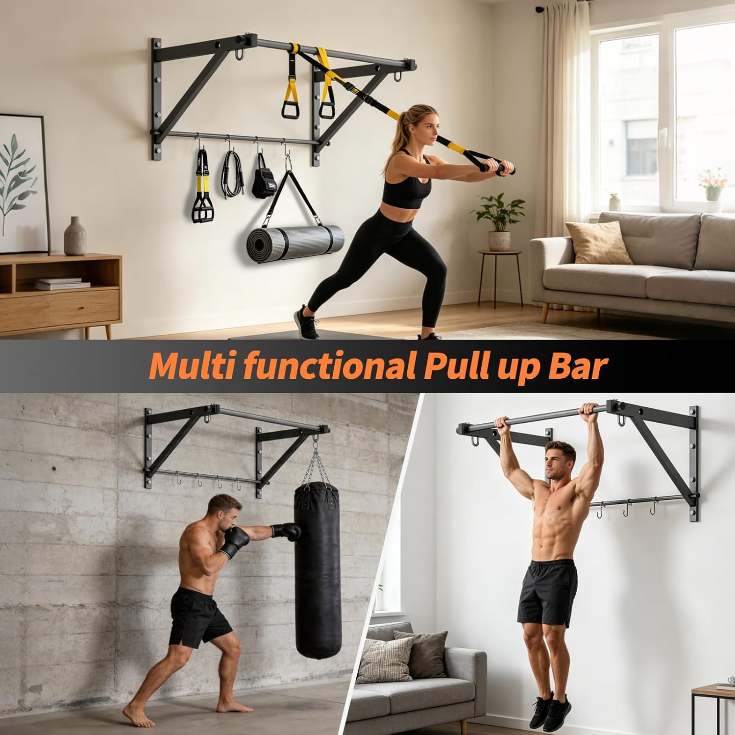 Adjustable Depth Pull Up Bar, Wall & Doorway Mounted Chin Up Bar with Hooks, Thickened Steel Construction, 500LBS