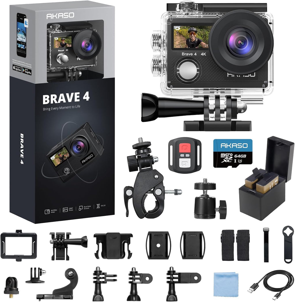 Brave 4 Action Camera 4K 30fps with 64GB MicroSD Card Bundle | 20MP EIS WiFi 170° FOV 5X Zoom Waterproof Underwater