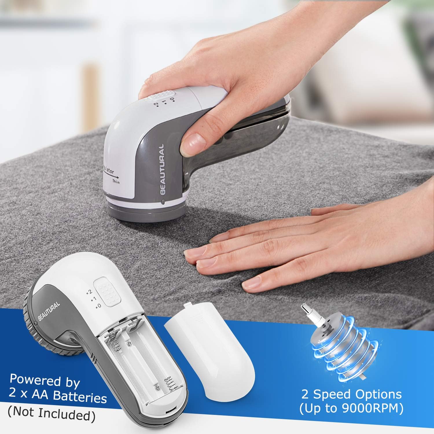 Fabric Shaver and Lint Remover, Portable Sweater Defuzzer | Battery Operated, 2 Speeds, 2 Replaceable Stainless Steel