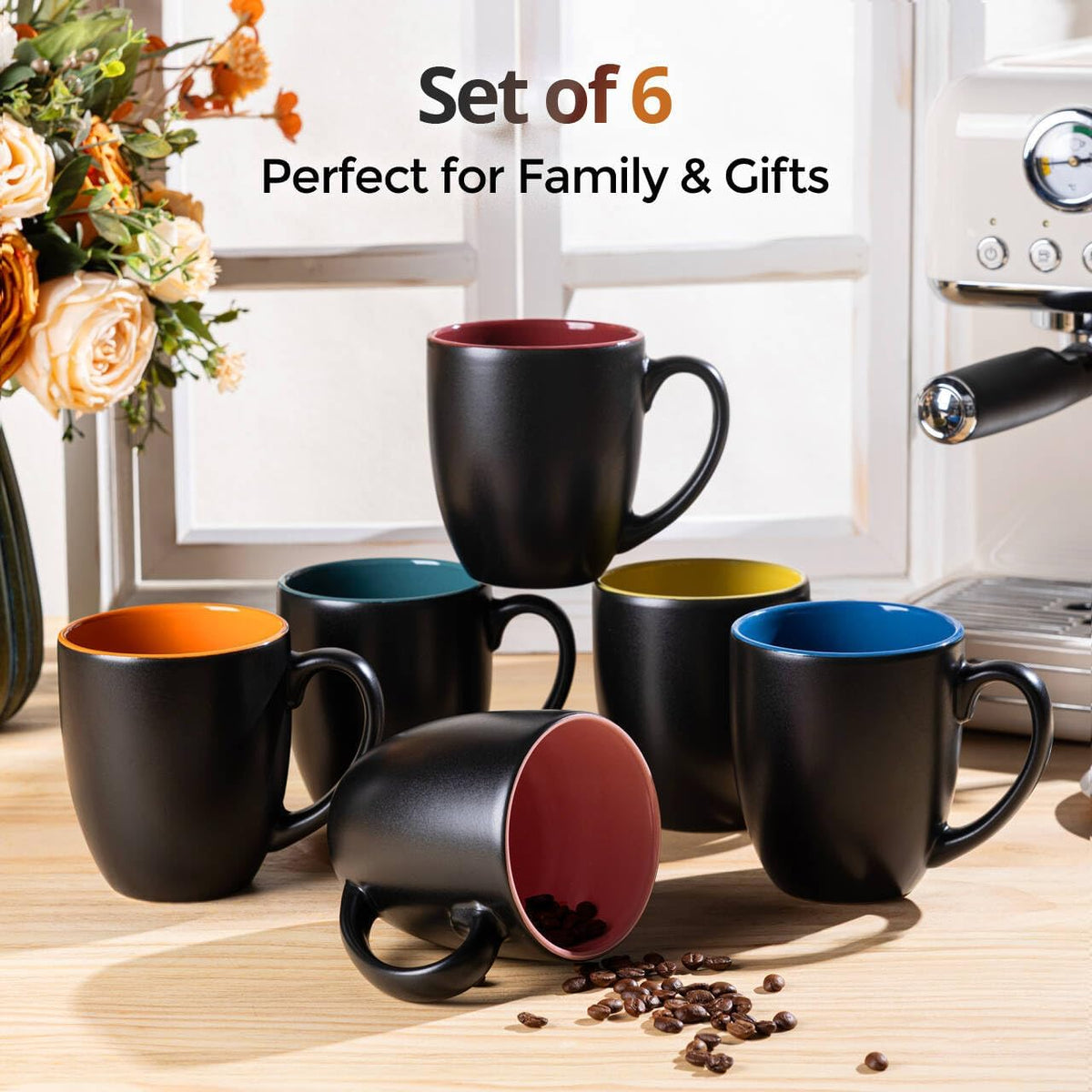 16 oz Coffee Mugs Set of 6, Ceramic Coffee Cups- Multi-Color