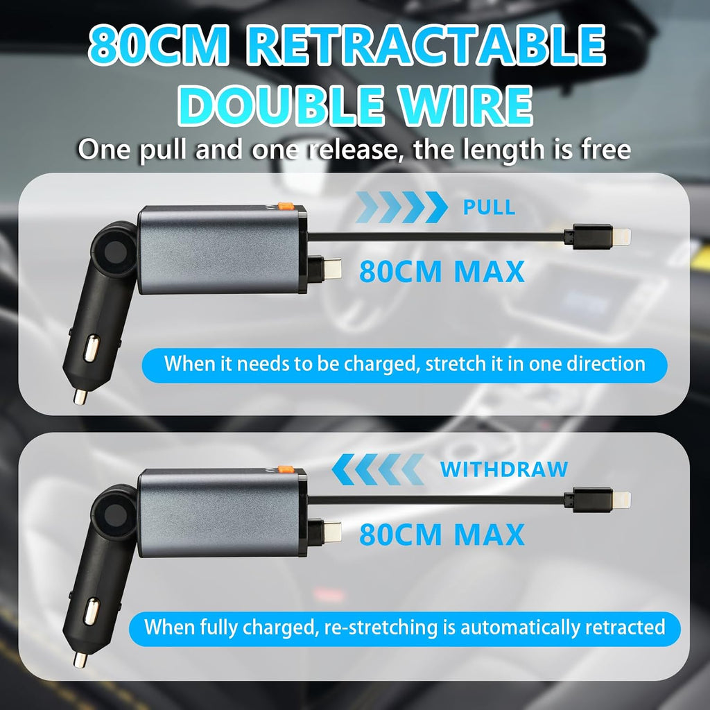 Retractable Car Charger,5 in 1 Fast Cars Phone Charger 60w,Bluetooth 5.3 FM Transmitter Adapter,Handsfree Call,MP3