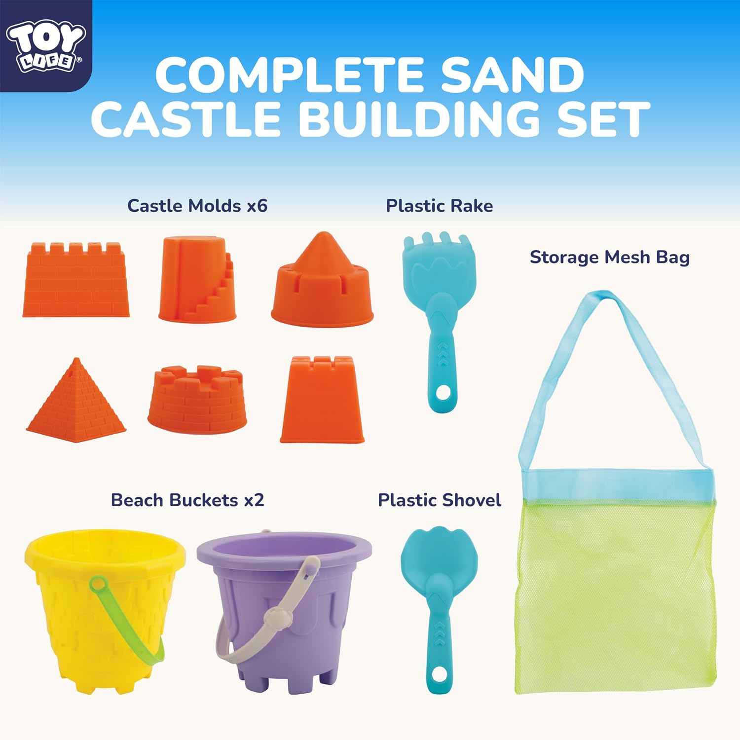 Beach Toys for Kids, 11-Piece Sand Castle Bucket & Sand Toys Set | 6 sand molds, 2 shovels, mesh bag, beach pail &