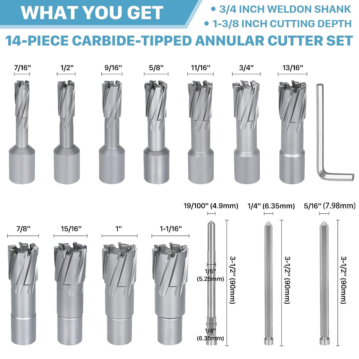 KEENTECH 14-PC Carbide-Tipped Annular Cutter Set 7/16" to 1-1/16" Diameter