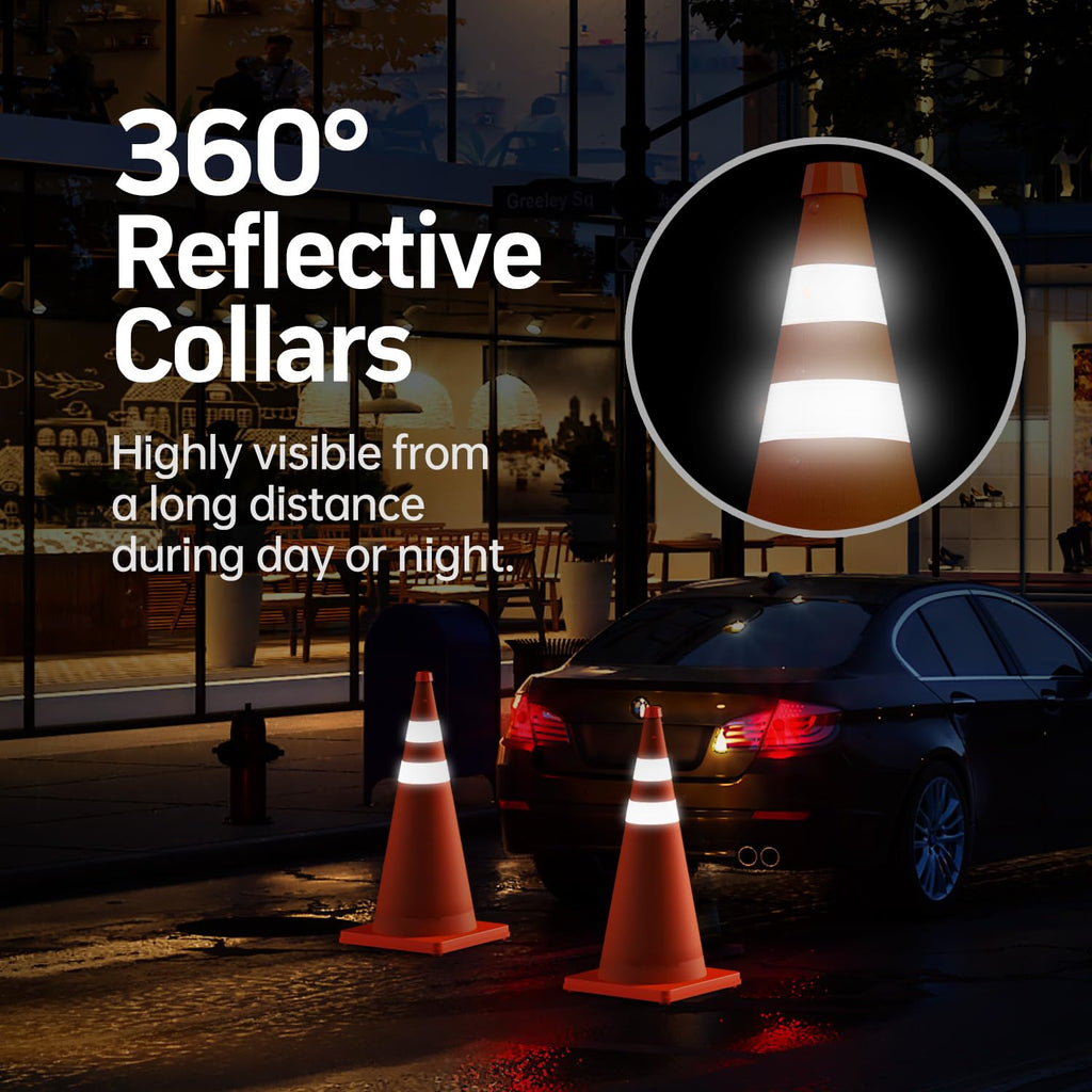 4 Pack 28 Inch Collapsible Traffic Cones, Orange Safety Cones | Collapsible 28-in orange cones with reflective