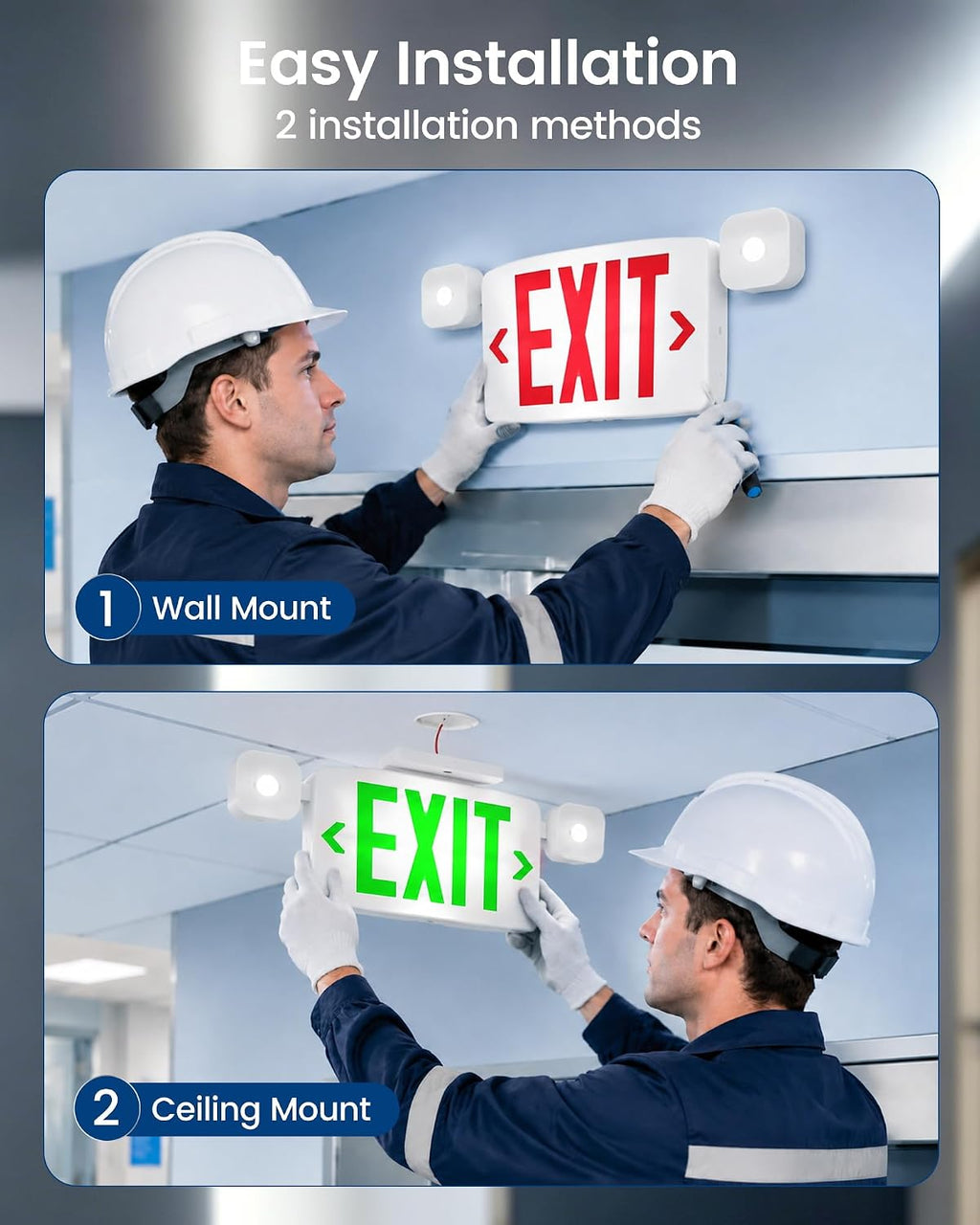 Exit Signs with LED Emergency Lights & Backup Battery, UL Listed, 2-Pack