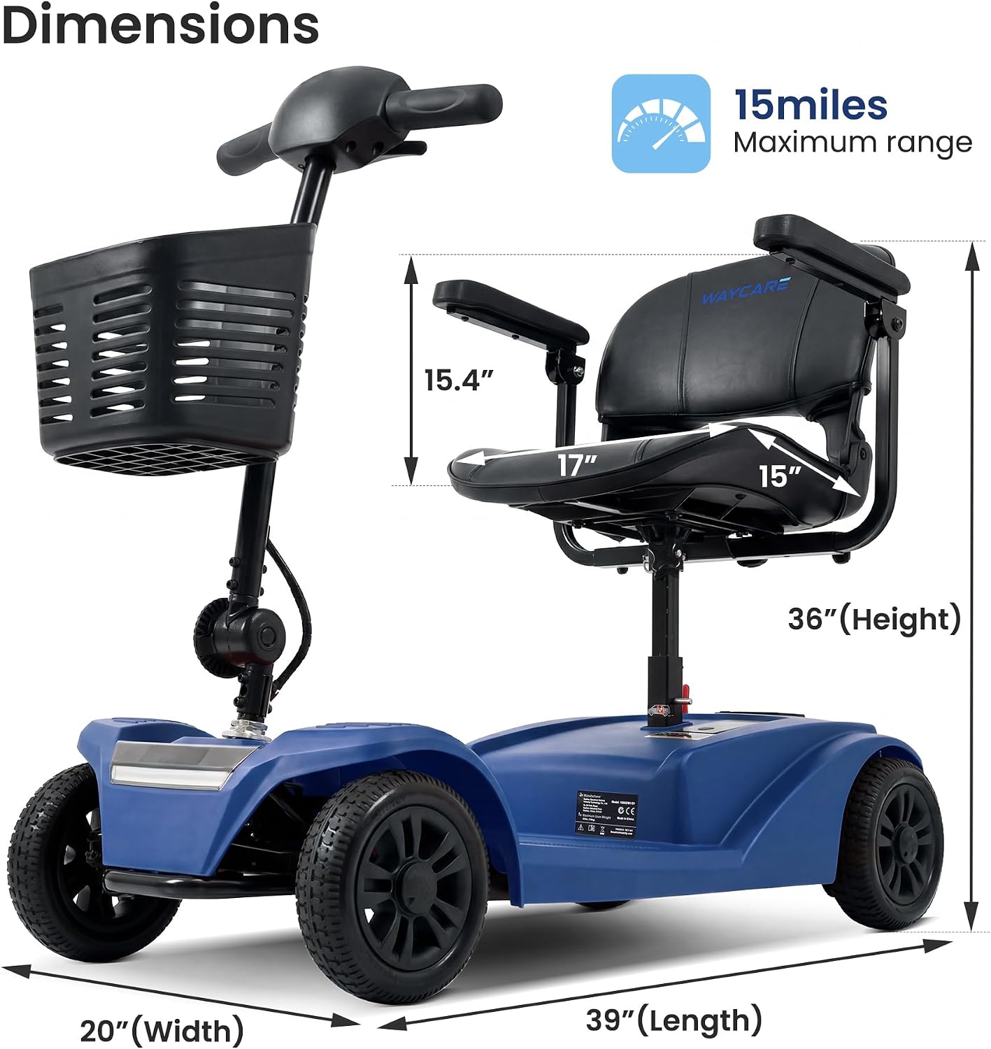 Mobility Scooter for Adults & Seniors, 330 lb, 15-Mile Range, Blue