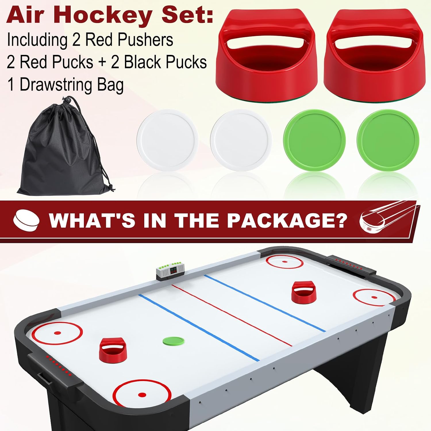 Air Hockey Pucks and Paddles - 2 Hockey Pushers & 4 Large Hockey Pucks with Nylon Storage Bag, Great Goal Handles