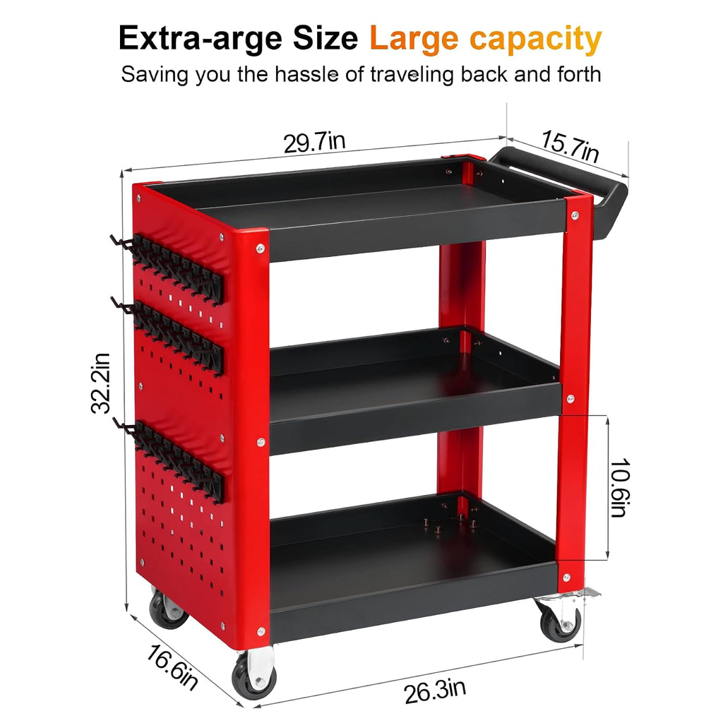 3 Tier Rolling Tool Cart, Red and Black Load Capacity of 1000 LBS | On Wheels, Mechanic Storage Organizer, With Pegboard
