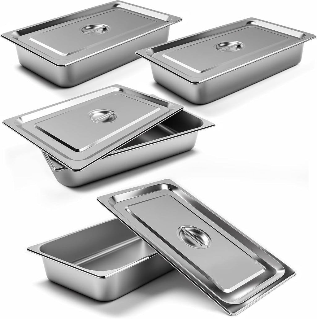 1/1 Full Size 4" Deep Stainless Steel Hotel Pan Steam Pans 4PCS with Lids