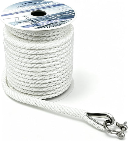 3/8 Inch Boat Anchor Rope/Line with Thimble&Shackle, 3/8" x 50', White | Stainless Steel Thimble&Shackle with