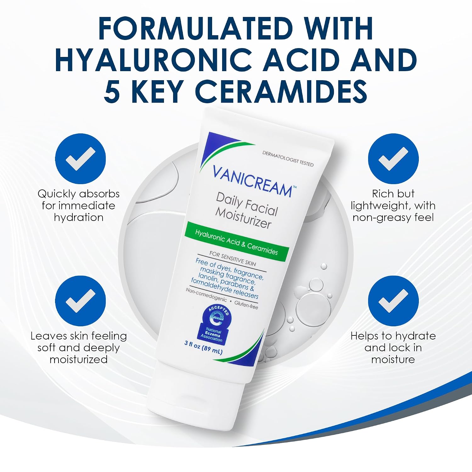 Daily Facial Moisturizer, Face Cream with 5 Key Cermides & Hyaluronic Acid, 3 Fl Oz, Formulated Without Common
