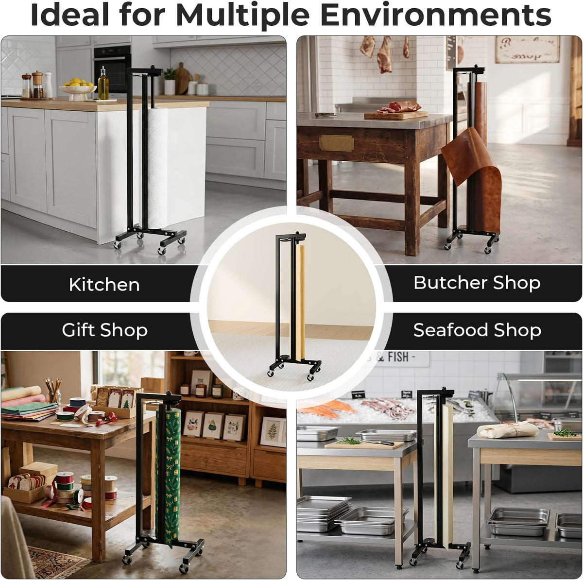 36" Vertical Paper Roll Dispenser, Butcher Paper Roll Rack & Cutter, Wheels
