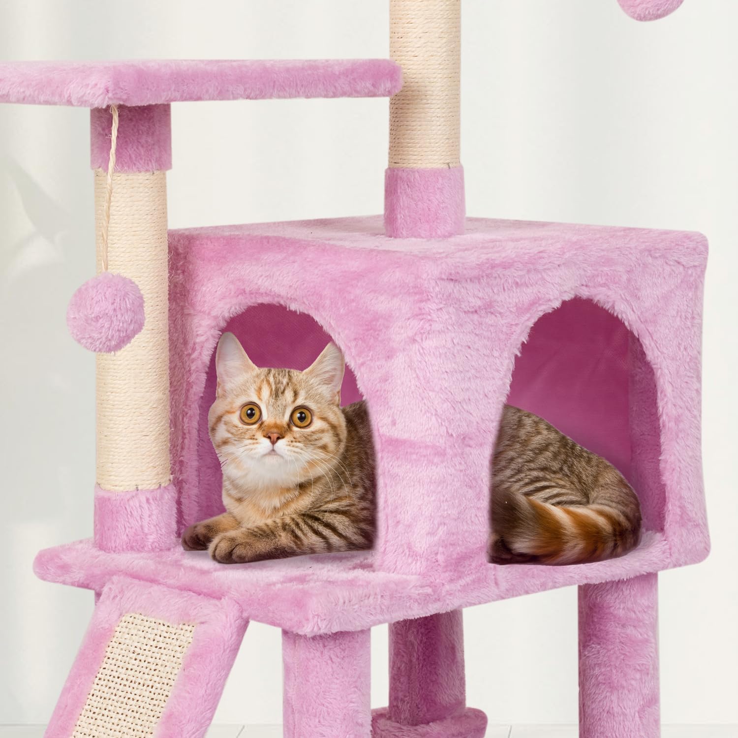 Pink Cute Cat Tree for Indoor Cat Tower with Scratching Post Modern Activity House Hammock Hanging Ball Condo with Board