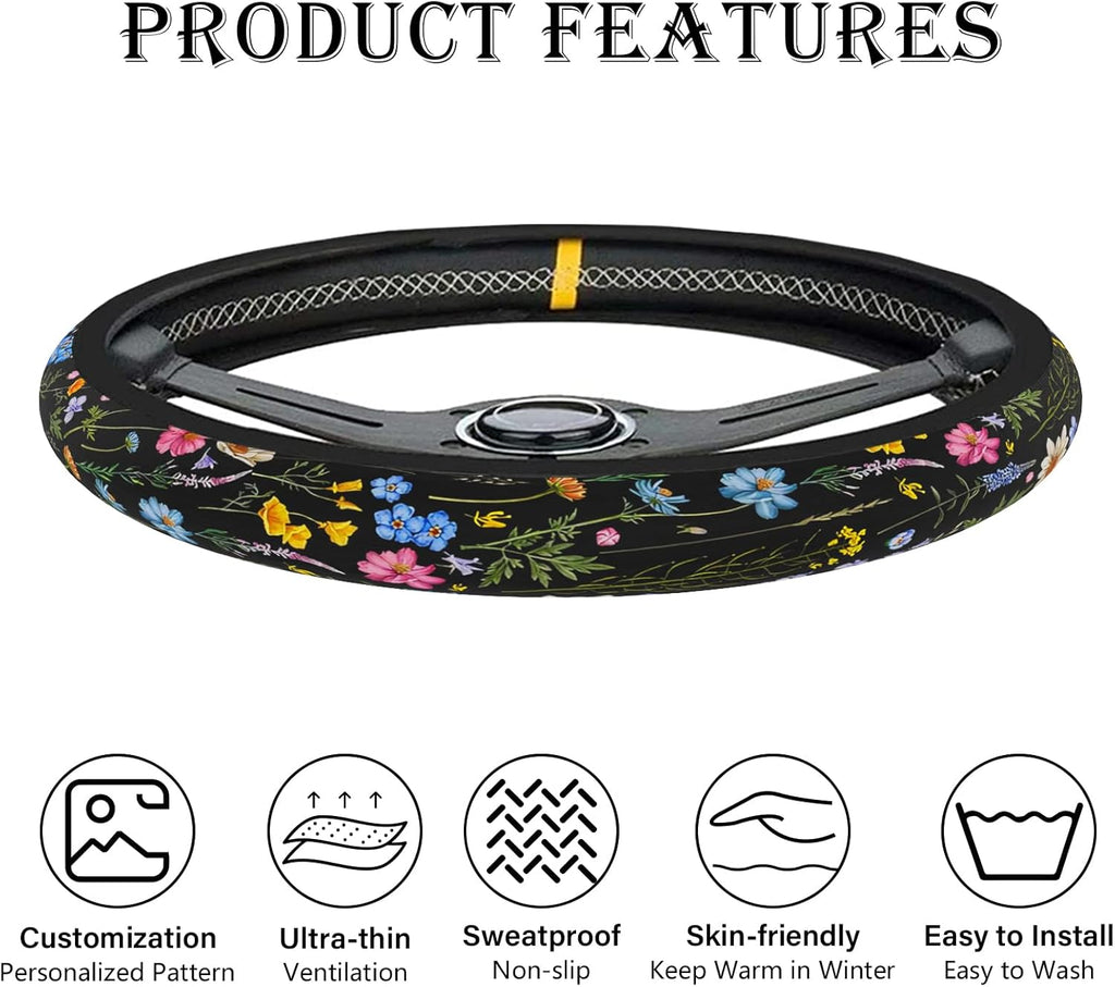 Wildflower Car Steering Wheel Cover, Flower Car Accessory for Diverse Cars, Cute Floral Print Steering Wheel Cover