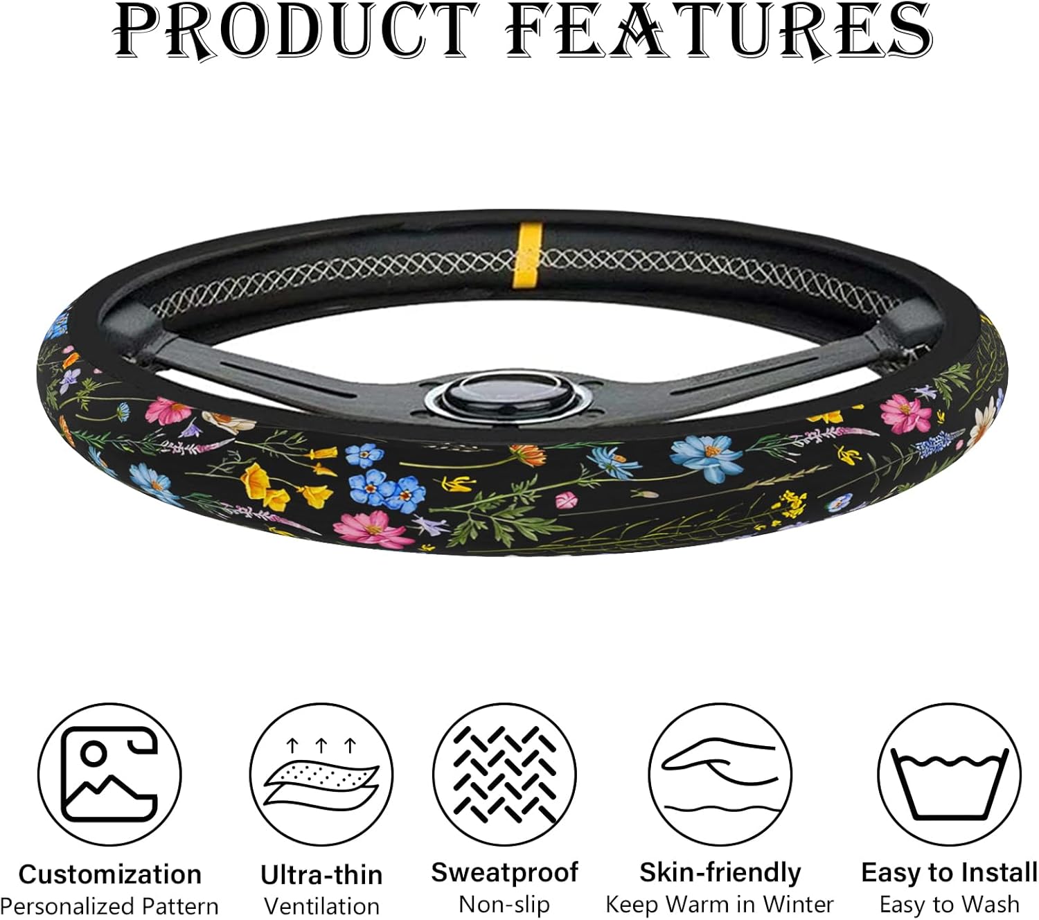 Wildflower Car Steering Wheel Cover, Flower Car Accessory for Diverse Cars, Cute Floral Print Steering Wheel Cover