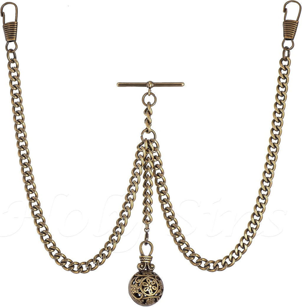 Made in The UK Bronze Colour Double Albert Pocket Watch Chain with Hollow Pendant