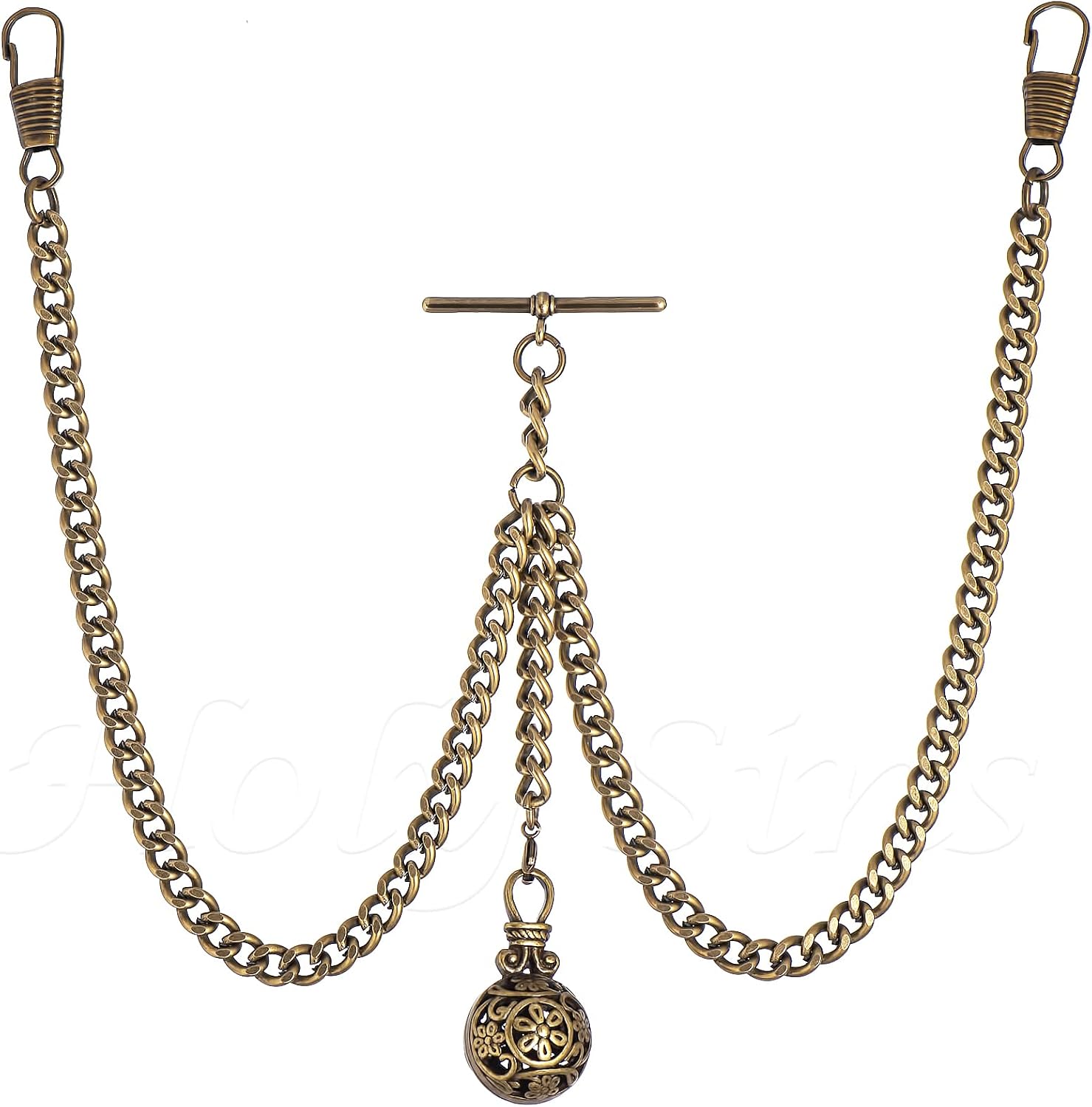 Made in The UK Bronze Colour Double Albert Pocket Watch Chain with Hollow Pendant