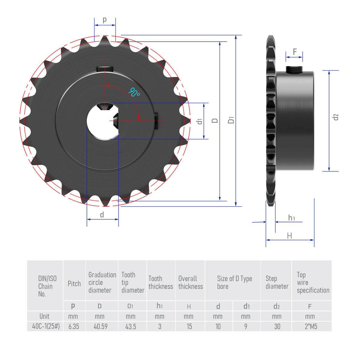 FOCMKEAS 20 Tooth Roller Chain Sprocket, 25 Chain, 10x9mm D Bore