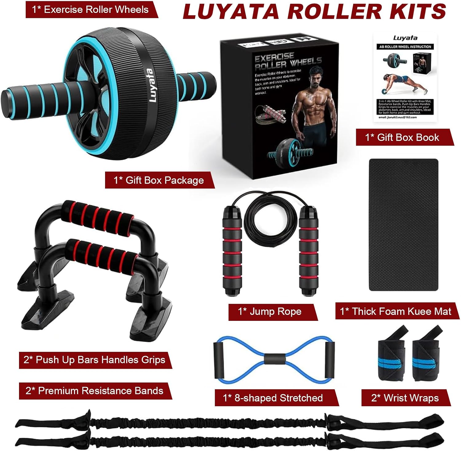 Ab Roller Wheel, 10-In-1 Ab Exercise Wheels Kit with Resistance Bands, Knee Mat, Jump Rope, Push-Up Bar - Home Gym