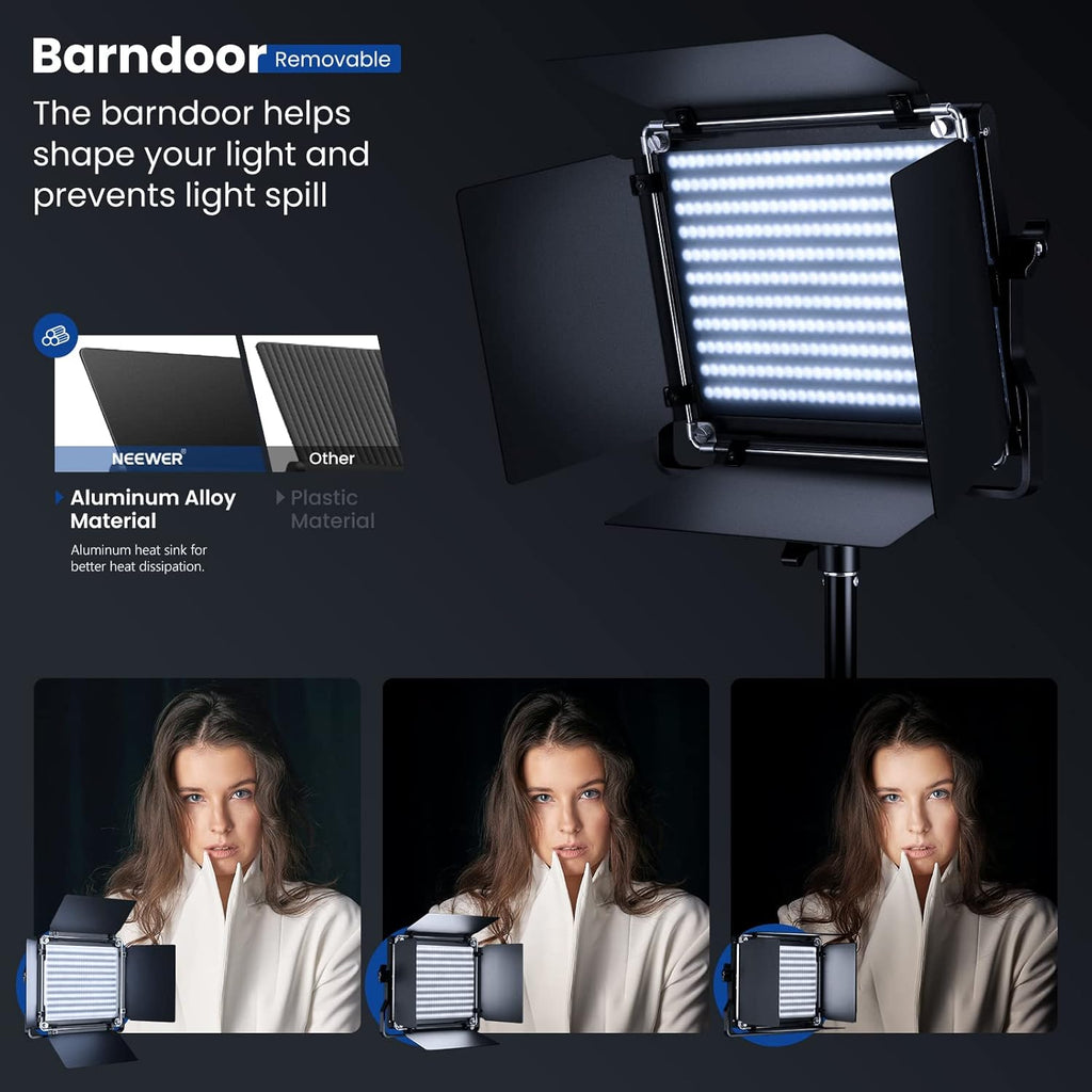 2 Pack Bi Color 660 LED Video Light and Stand Kit: (2) 3200-5600K CRI 96+ Dimmable Light with U Bracket and Barndoor