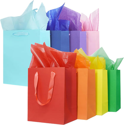 8 Pcs Medium Gift Bags With Handles: 8x5x10 Rainbow Colour Gift Bags Kraft Paper Party Favor Bags With 16 Tissues For