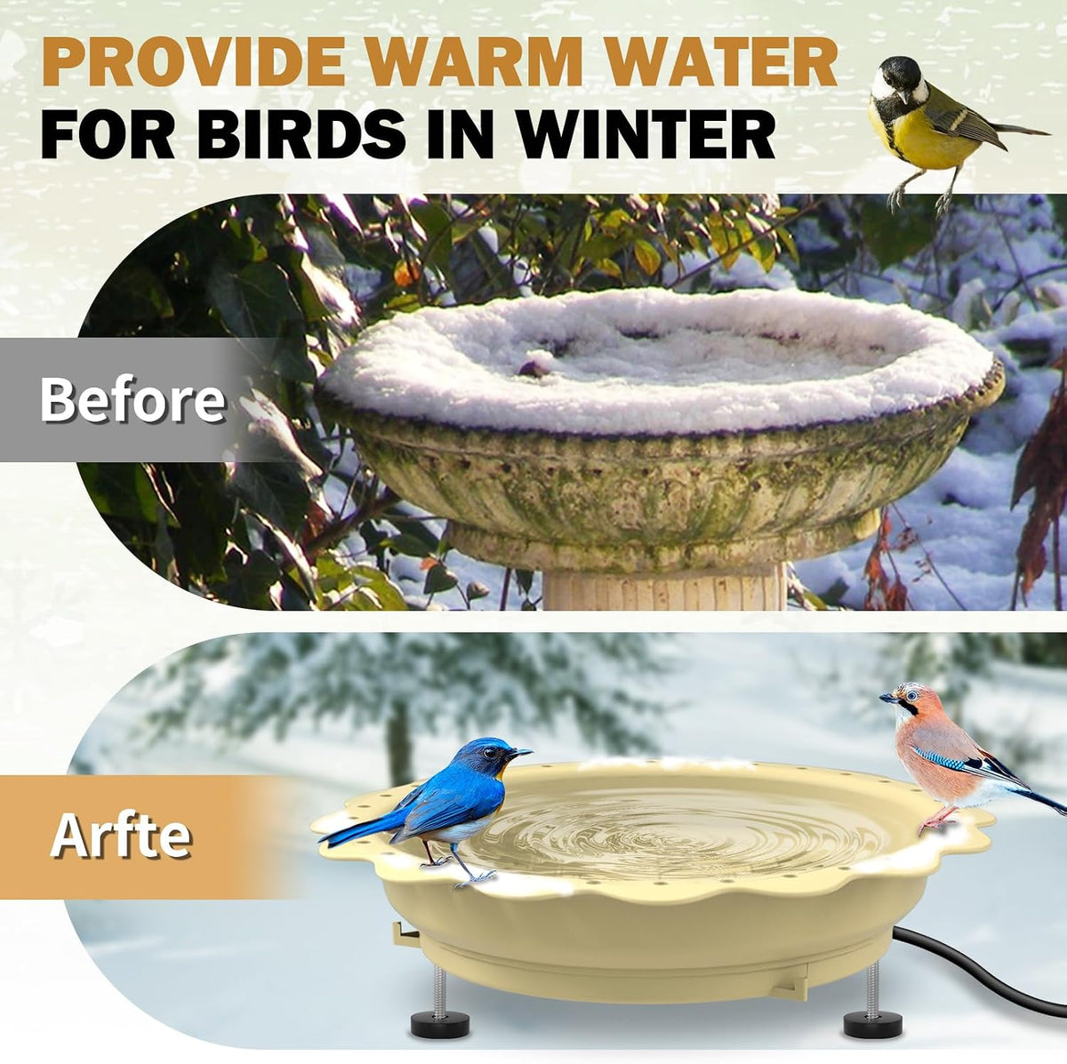 Heated Bird Baths for Outdoors Winter, 100W Heated Birdbath, Khaki