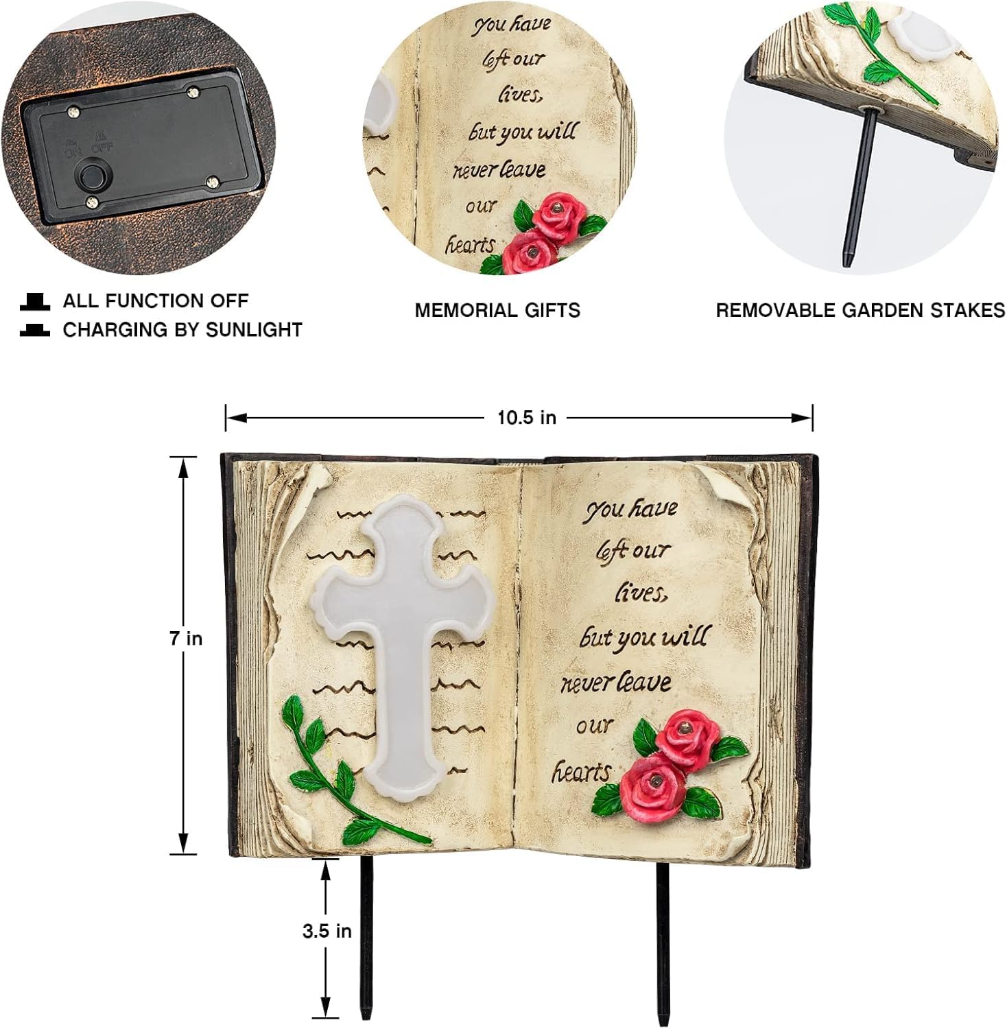 Outdoor Solar Memorial Cross Stakes Lights, Waterproof Book Statue Grave Decorations Sympathy Gifts for Cemetery
