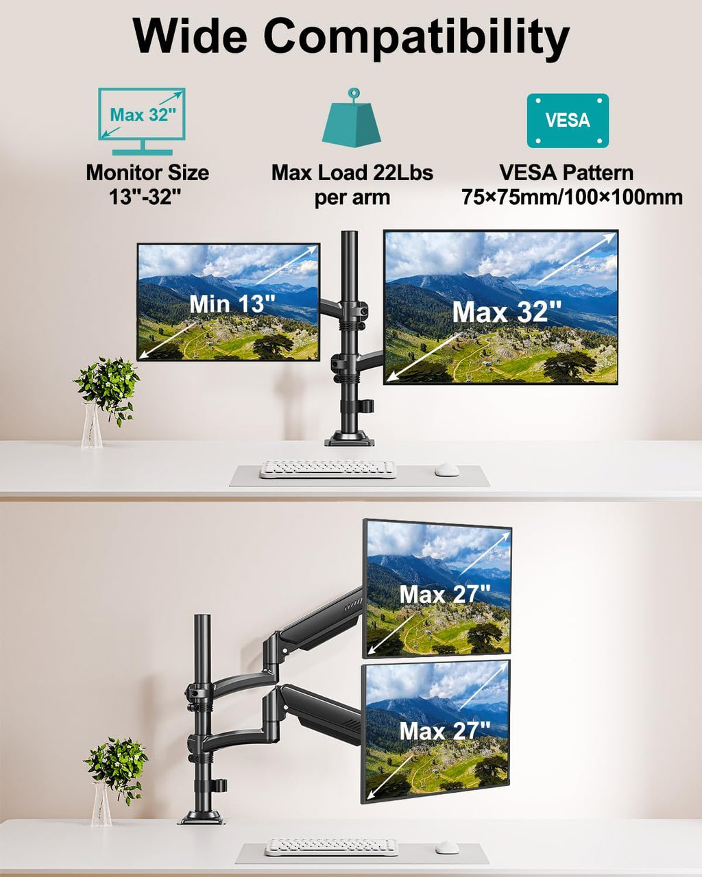 Dual Monitor Stand for 2 Screens up to 32 inch, Vertical Stacked Dual Monitor Mount, Full Motion Adjustable Tall