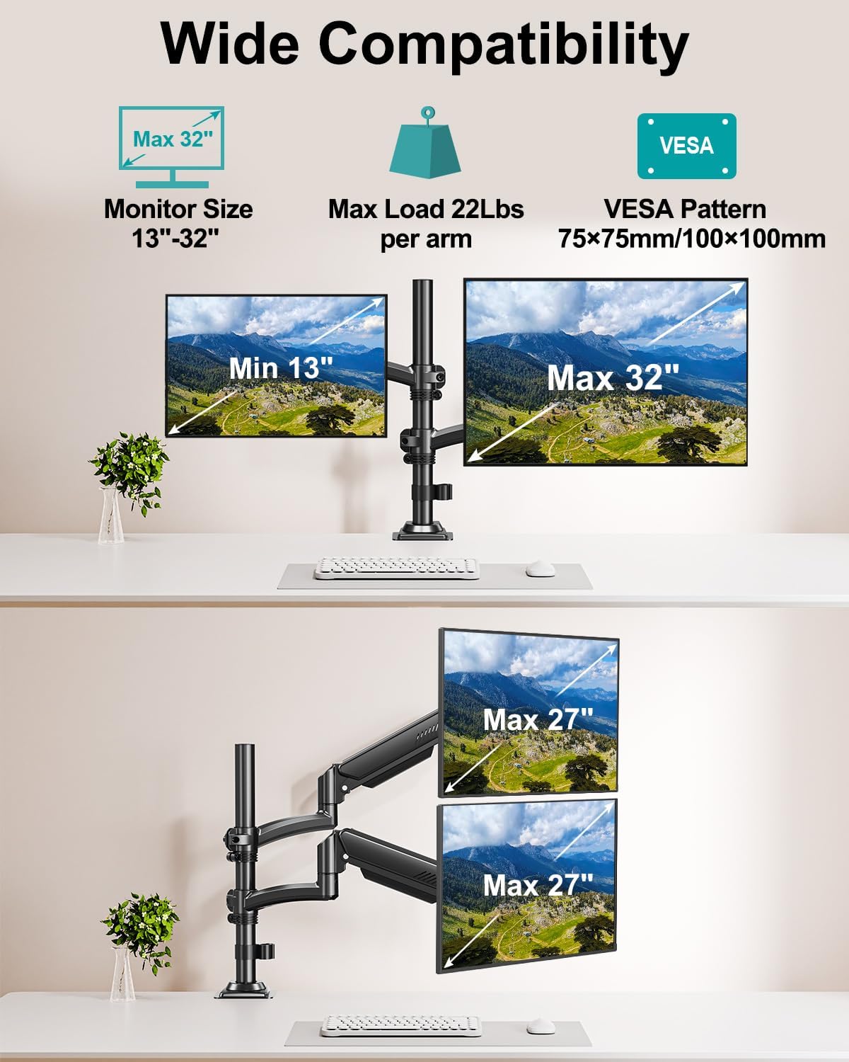 Dual Monitor Stand for 2 Screens up to 32 inch, Vertical Stacked Dual Monitor Mount, Full Motion Adjustable Tall