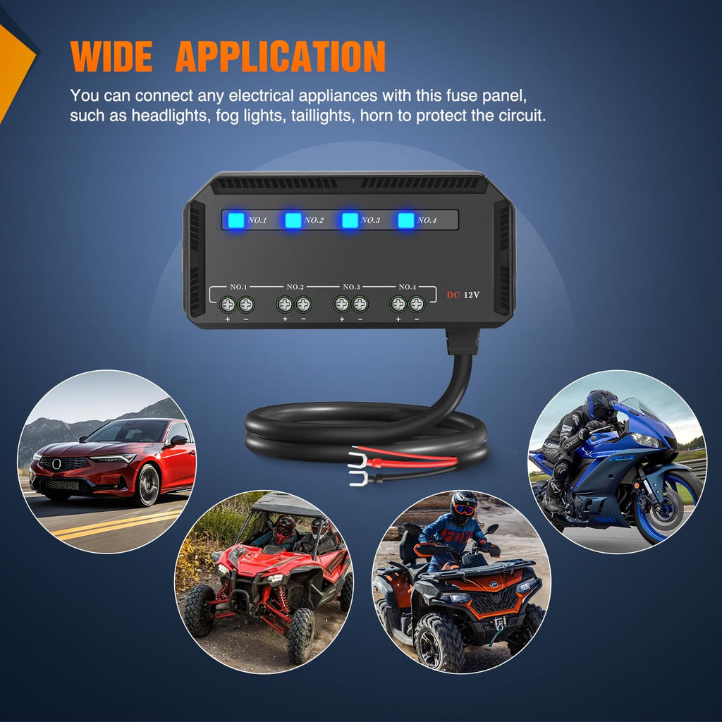 12V Motorcycle Fuse Box 20A Low Profile Terminal Block Holder w/LED Indicator 4 Circuits Protection Battery Relay for