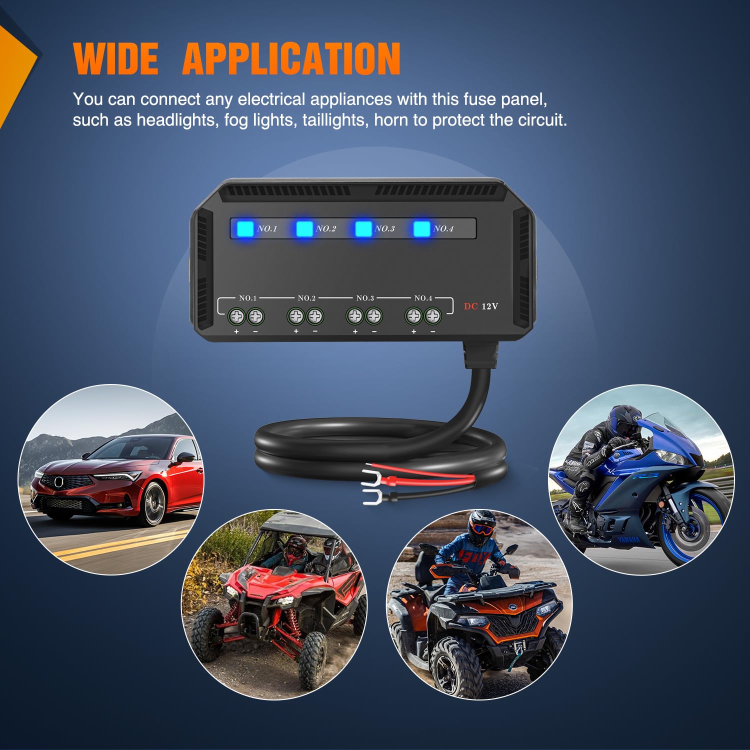 12V Motorcycle Fuse Box 20A Low Profile Terminal Block Holder w/LED Indicator 4 Circuits Protection Battery Relay for