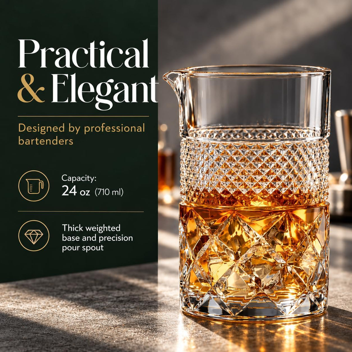 24 Oz Crystal Cocktail Mixing Glass with Bamboo Stand & Bar Tools | Seamless Lead-Free Crystal, Weighted Base