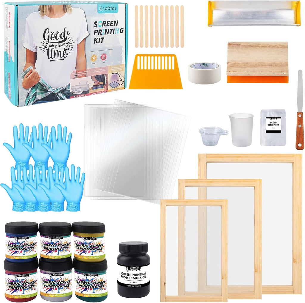49pcs All-in-One Screen Printing Kit with, 3 Size Wood Screen Printing Frames, 6 Colors Screen Printing Ink,10 A4