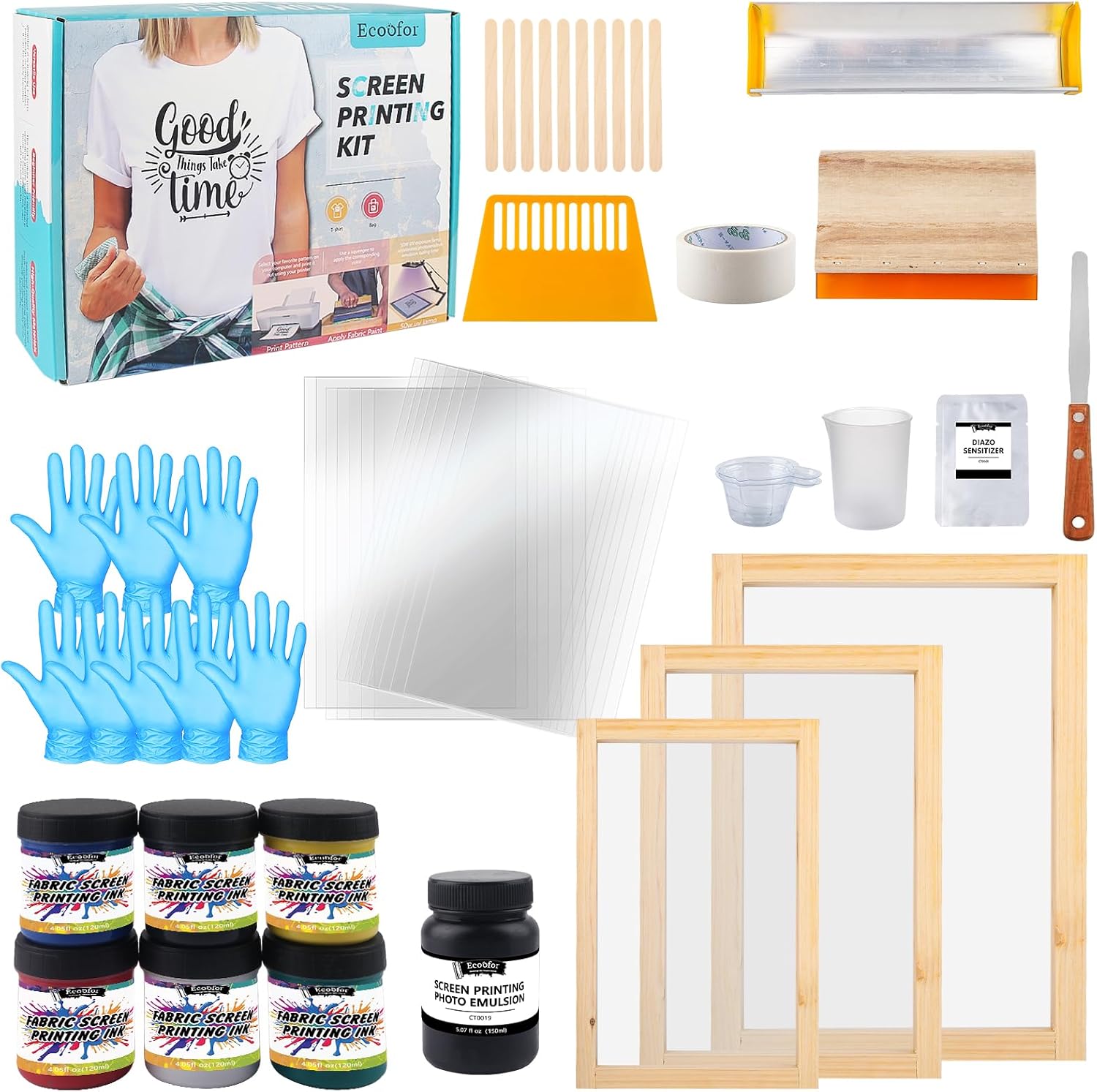 49pcs All-in-One Screen Printing Kit with, 3 Size Wood Screen Printing Frames, 6 Colors Screen Printing Ink,10 A4