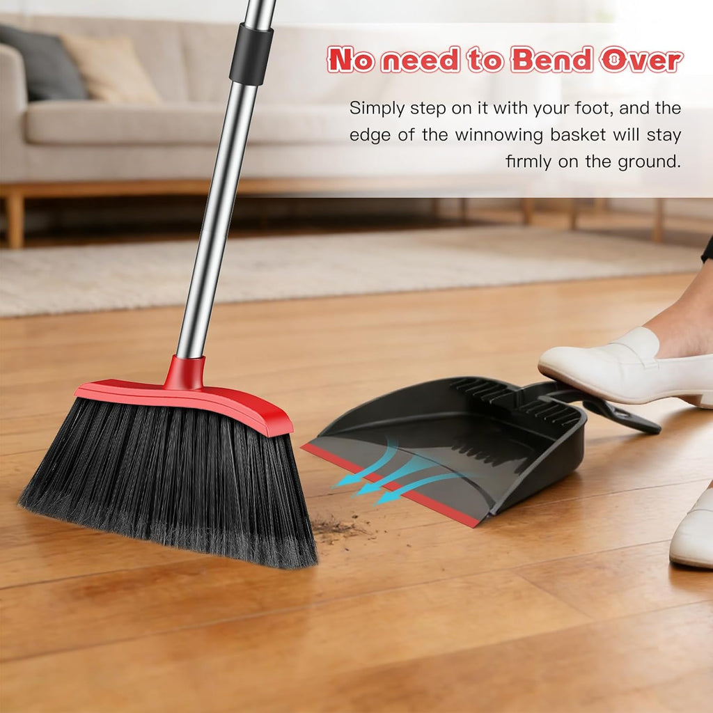 Broom and Step-on Dustpan Set, 59-in Adjustable Long Handle Broom with Dustpan Combo Set Outdoor Angle Broom for