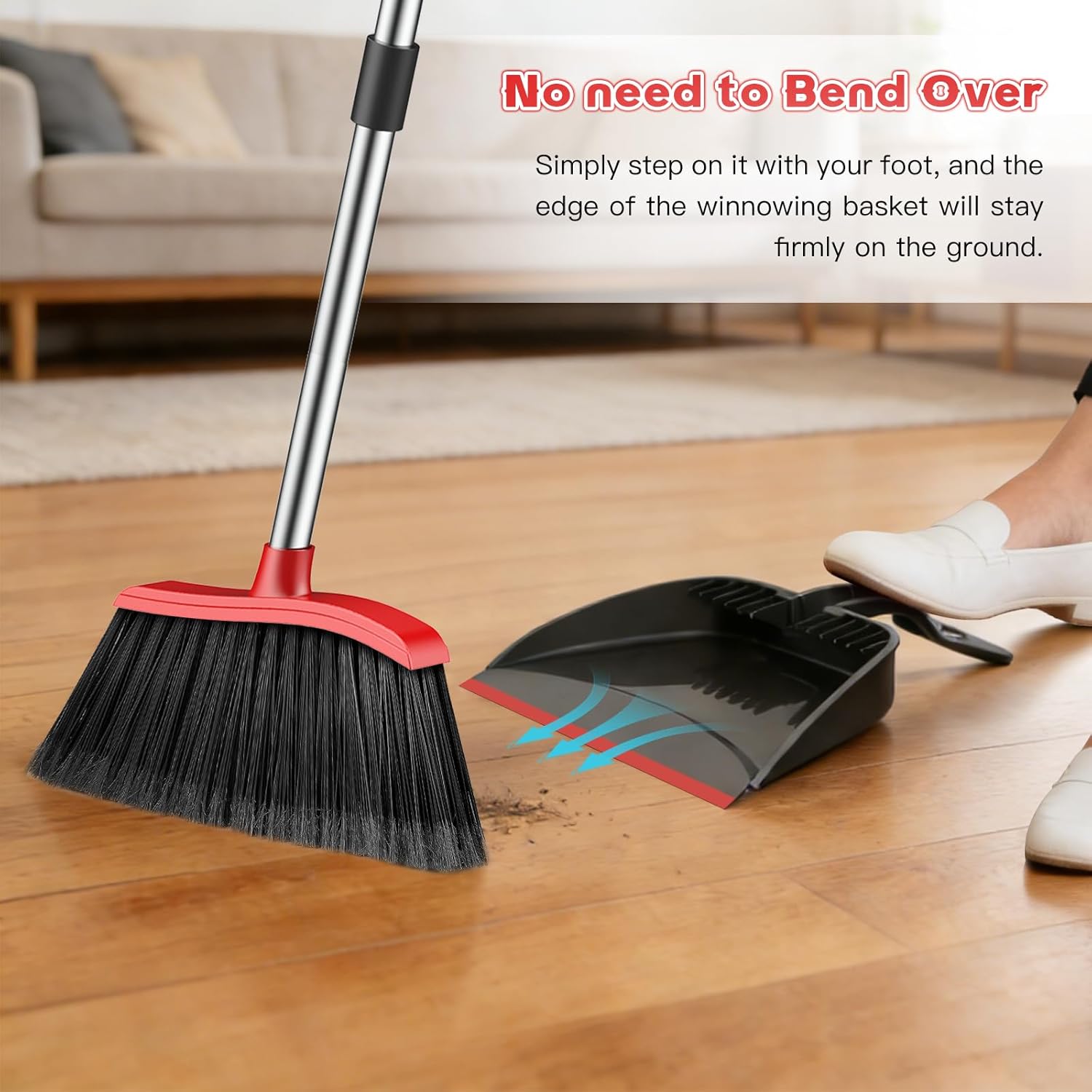 Broom and Step-on Dustpan Set, 59-in Adjustable Long Handle Broom with Dustpan Combo Set Outdoor Angle Broom for
