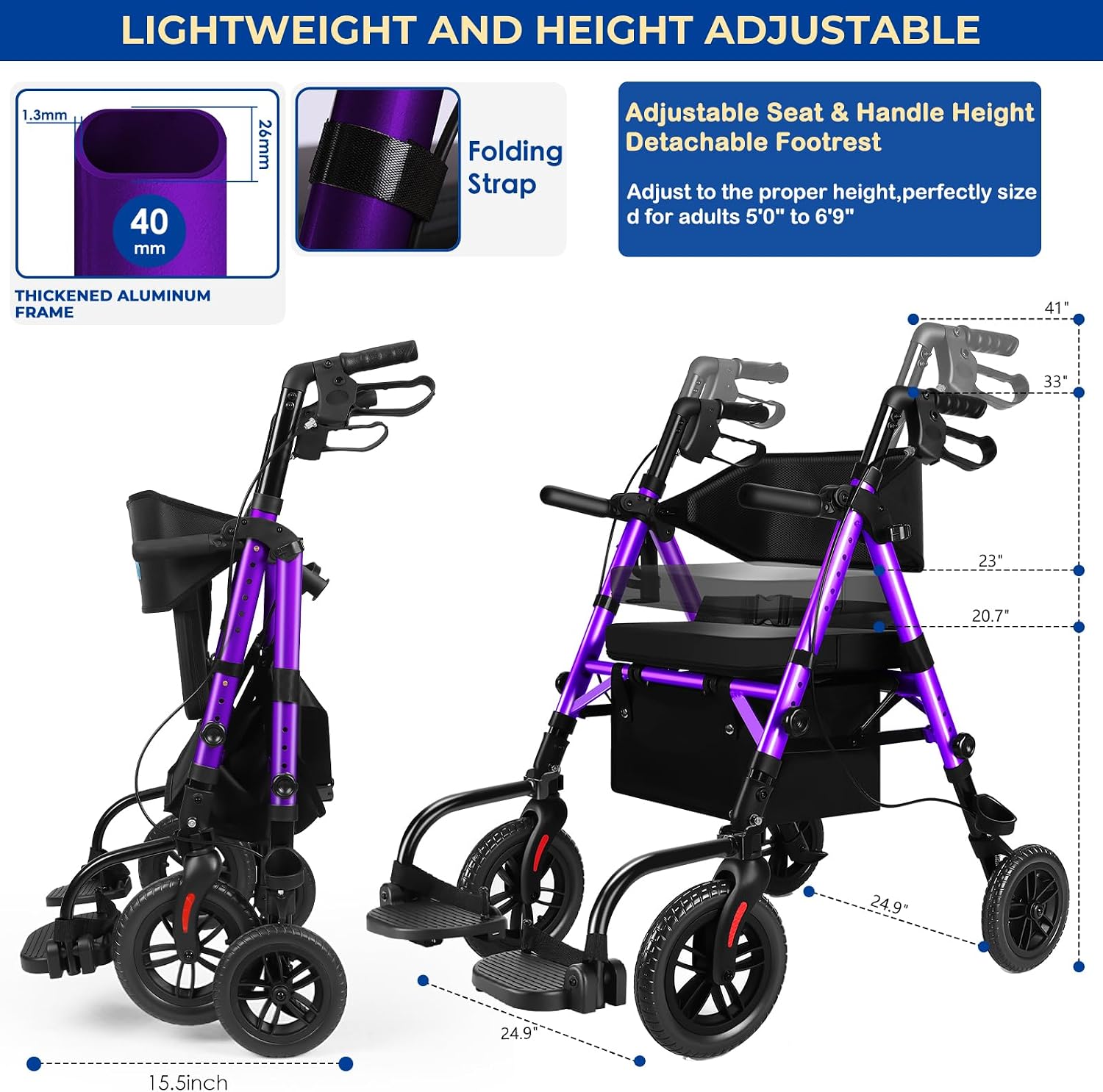 Foldable Rollator Walker for Seniors with Seat, Lightweight 2 in 1 Rolling Walkers Wheelchair Combo for Adult