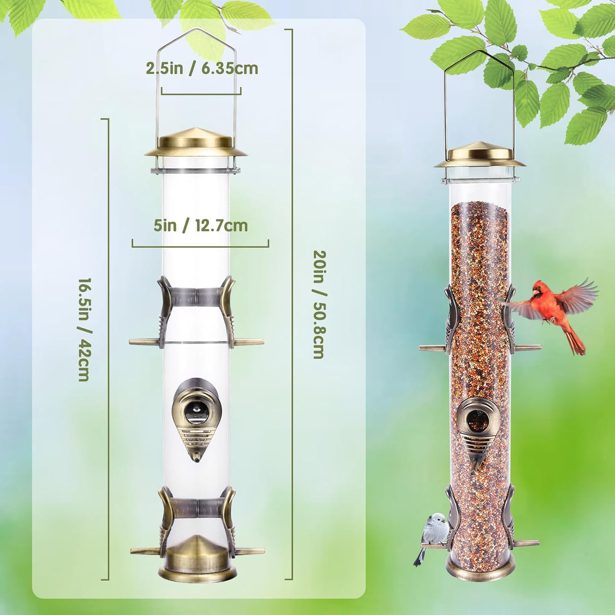Metal Bird Feeder Tube Hanging Wild Bird Seed Feeder Aluminum Six Port Bird Feeders,1.4 mm Extra Thick Solid Tube